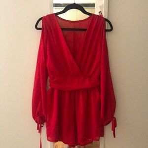 Red plunging Deep V romper off shoulder